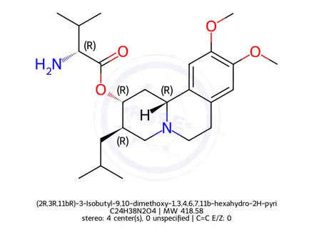 Chemical structure of (2R,3R,11bR)-3-Isobutyl-9,10-dimethoxy-1,3,4,6,7,11b-hexahydro-2H-pyrido[2,1-a]isoquinolin-2-yl D-valinate