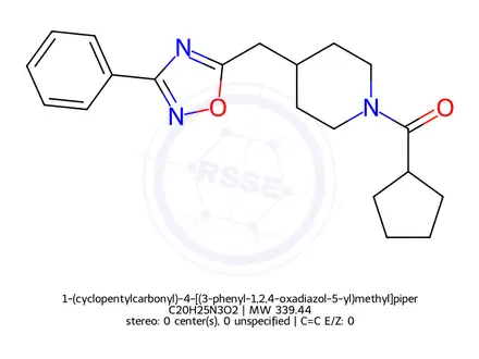 Chemical structure of 1-(cyclopentylcarbonyl)-4-[(3-phenyl-1,2,4-oxadiazol-5-yl)methyl]piperidine