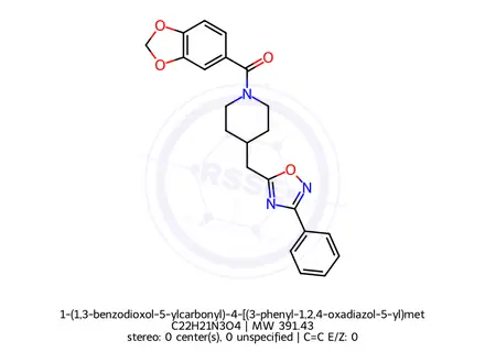 Chemical structure of 1-(1,3-benzodioxol-5-ylcarbonyl)-4-[(3-phenyl-1,2,4-oxadiazol-5-yl)methyl]piperidine