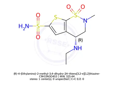 Chemical structure of (R)-4-(Ethylamino)-2-methyl-3,4-dihydro-2H-thieno[3,2-e][1,2]thiazine-6-sulfonamide 1,1-dioxide