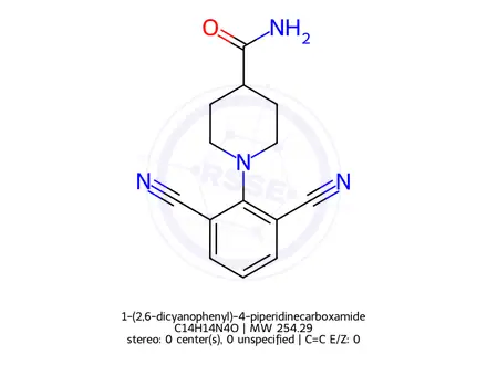 Chemical structure of 1-(2,6-dicyanophenyl)-4-piperidinecarboxamide