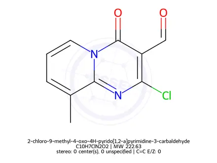 Chemical structure of 2-chloro-9-methyl-4-oxo-4H-pyrido[1,2-a]pyrimidine-3-carbaldehyde