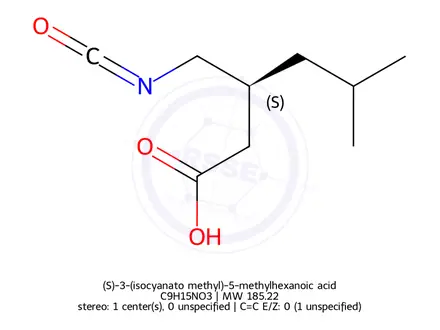 Chemical structure of (S)-3-(isocyanato methyl)-5-methylhexanoic acid