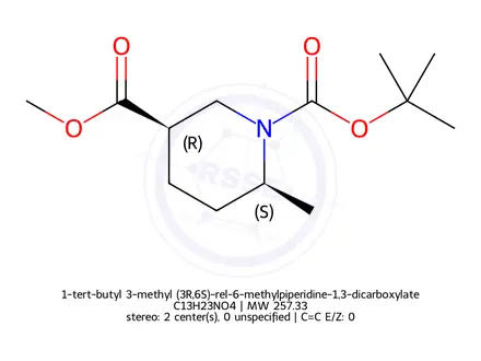 Chemical structure of 1-tert-butyl 3-methyl (3R,6S)-rel-6-methylpiperidine-1,3-dicarboxylate