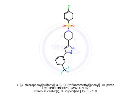 Chemical structure of 1-[(4-chlorophenyl)sulfonyl]-4-{5-[3-(trifluoromethyl)phenyl]-1H-pyrazol-3-yl}piperidine