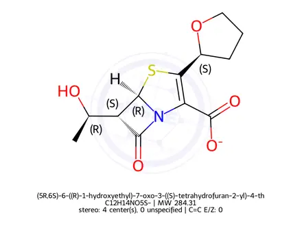 Chemical structure of (5R,6S)-6-((R)-1-hydroxyethyl)-7-oxo-3-((S)-tetrahydrofuran-2-yl)-4-thia-1-azabicyclo[3.2.0]hept-2-ene-2-carboxylic acid, potassium salt