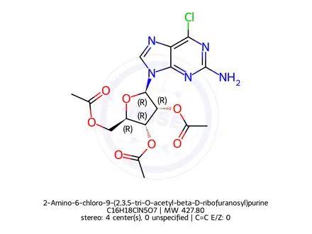 Chemical structure of 2-Amino-6-chloro-9-(2,3,5-tri-O-acetyl-beta-D-ribofuranosyl)purine