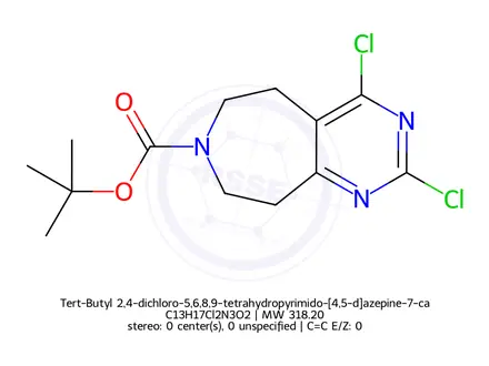 Chemical structure of Tert-Butyl 2,4-dichloro-5,6,8,9-tetrahydropyrimido-[4,5-d]azepine-7-carboxylate