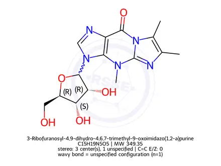 Chemical structure of 3-Ribofuranosyl-4,9-dihydro-4,6,7-trimethyl-9-oxoimidazo(1,2-a)purine
