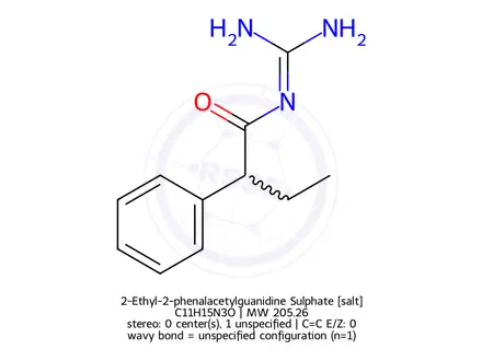 Chemical structure of 2-Ethyl-2-phenalacetylguanidine Sulphate