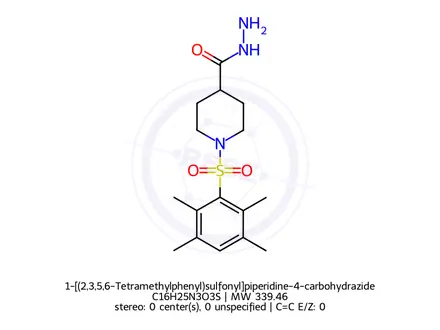 Chemical structure of 1-[(2,3,5,6-Tetramethylphenyl)sulfonyl]piperidine-4-carbohydrazide