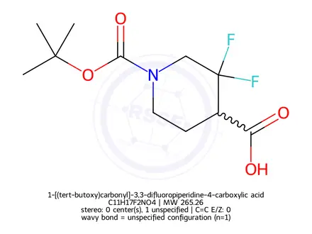 Chemical structure of 1-[(tert-butoxy)carbonyl]-3,3-difluoropiperidine-4-carboxylic acid