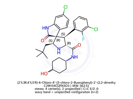 Chemical structure of (2`S,3R,4`S,5`R)-6-Chloro-4`-(3-chloro-2-fluorophenyl)-2`-(2,2-dimethylpropyl)-1,2-dihydro-N-(trans-4-hydroxycyclohexyl)-2-oxospiro[3H-indole-3,3`-pyrrolidine]-5`-carboxamide