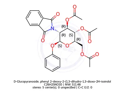 Chemical structure of β-D-Glucopyranoside, phenyl 2-deoxy-2-(1,3-dihydro-1,3-dioxo-2H-isoindol-2-yl)-, 3,4,6-triacetate