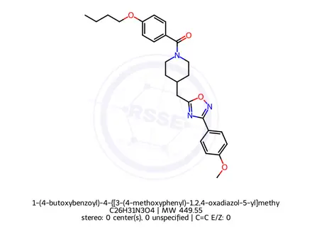 Chemical structure of 1-(4-butoxybenzoyl)-4-{[3-(4-methoxyphenyl)-1,2,4-oxadiazol-5-yl]methyl}piperidine