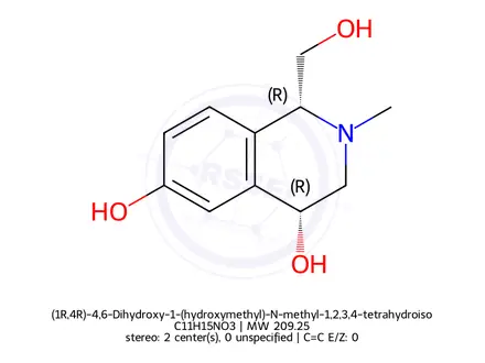 Chemical structure of (1R,4R)-4,6-Dihydroxy-1-(hydroxymethyl)-N-methyl-1,2,3,4-tetrahydroisoquinoline Hydrochloride