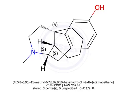 Chemical structure of (4bS,8aS,9S)-11-methyl-6,7,8,8a,9,10-hexahydro-5H-9,4b-(epiminoethano)phenanthren-3-ol (2S,3S)-2,3-dihydroxysuccinate