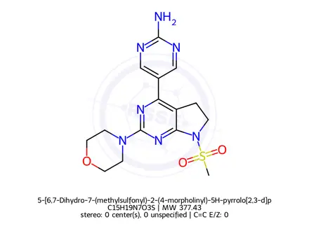 Chemical structure of 5-[6,7-Dihydro-7-(methylsulfonyl)-2-(4-morpholinyl)-5H-pyrrolo[2,3-d]pyrimidin-4-yl]-2-pyrimidinamine