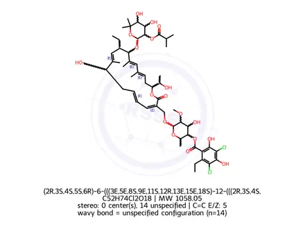 Chemical structure of (2R,3S,4S,5S,6R)-6-(((3E,5E,8S,9E,11S,12R,13E,15E,18S)-12-(((2R,3S,4S,5S)-4,5-Dihydroxy-3-(isobutyryloxy)-6,6-dimethyltetrahydro-2H-pyran-2-yl)oxy)-11-ethyl-8-hydroxy-18-((R)-1-hydroxyethyl)-9,13,15-trimethyl-2-oxooxacyclooctadeca-3,5,9,13,15-pentaen-3-yl)methoxy)-4-hydroxy-5-methoxy-2-methyltetrahydro-2H-pyran-3-yl 3,5-dichloro-2-ethyl-4,6-dihydroxybenzoate