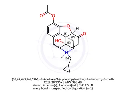 Chemical structure of (3S,4R,4aS,7aR,12bS)-9-Acetoxy-3-(cyclopropylmethyl)-4a-hydroxy-3-methyl-7-oxo-2,3,4,4a,5,6,7,7a-octahydro-1H-4,12-methanobenzofuro[3,2-e]isoquinolin-3-ium Bromide