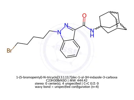 Chemical structure of 1-(5-bromopentyl)-N-tricyclo[3.3.1.13,7]dec-1-yl-1H-indazole-3-carboxamide