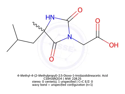 Chemical structure of 4-Methyl-4-(2-Methylpropyl)-2,5-Dioxo-1-Imidazolidineacetic Acid
