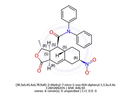 Chemical structure of (3R,3aS,4S,4aS,7R,9aR)-3-Methyl-7-nitro-1-oxo-N,N-diphenyl-1,3,3a,4,4a,5,6,7,8,9a-decahydronaphtho[2,3-c]furan-4-carboxamide