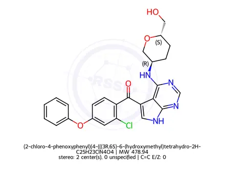 Chemical structure of (2-chloro-4-phenoxyphenyl)(4-(((3R,6S)-6-(hydroxymethyl)tetrahydro-2H-pyran-3-yl)amino)-7H-pyrrolo[2,3-d]pyrimidin-5-yl)methanone