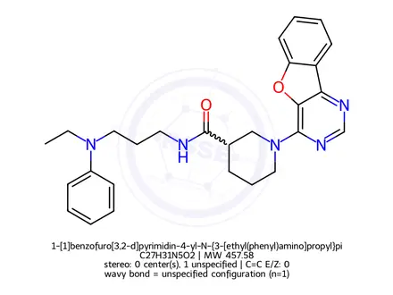 Chemical structure of 1-[1]benzofuro[3,2-d]pyrimidin-4-yl-N-{3-[ethyl(phenyl)amino]propyl}piperidine-3-carboxamide