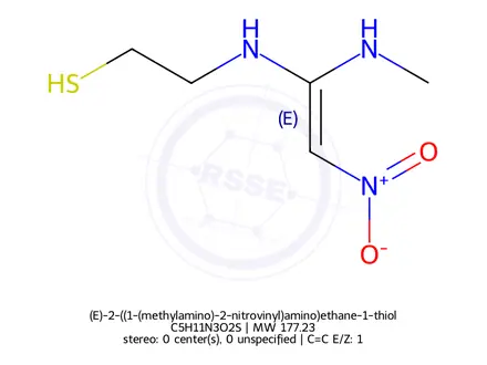 Chemical structure of (E)-2-((1-(methylamino)-2-nitrovinyl)amino)ethane-1-thiol