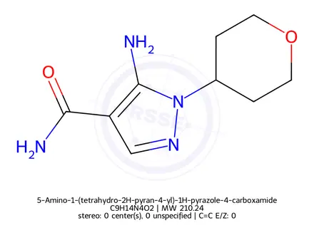 Chemical structure of 5-Amino-1-(tetrahydro-2H-pyran-4-yl)-1H-pyrazole-4-carboxamide