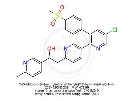Chemical structure of 2-(5-Chloro-3-(4-(methylsulfonyl)phenyl)-[2,3'-bipyridin]-6'-yl)-1-(6-methylpyridin-3-yl)ethan-1-ol