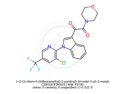 Chemical structure of 1-{1-[3-chloro-5-(trifluoromethyl)-2-pyridinyl]-1H-indol-3-yl}-2-morpholino-1,2-ethanedione