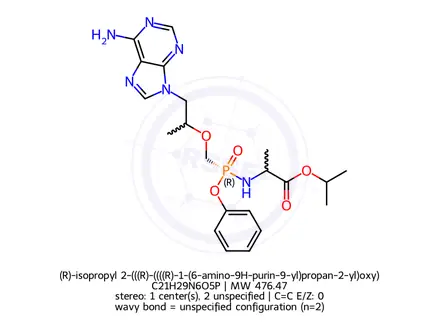 Chemical structure of (R)-isopropyl 2-(((R)-((((R)-1-(6-amino-9H-purin-9-yl)propan-2-yl)oxy)methyl)(phenoxy)phosphoryl)ami