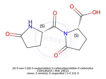 Chemical structure of (S)-5-oxo-1-((S)-5-oxopyrrolidine-2-carbonyl)pyrrolidine-2-carboxylicacid