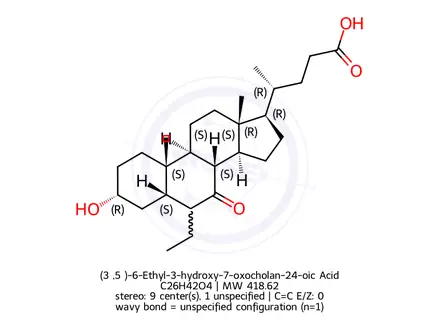Chemical structure of (3α,5β)-6-Ethyl-3-hydroxy-7-oxocholan-24-oic Acid