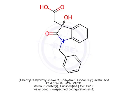 Chemical structure of (1-Benzyl-3-hydroxy-2-oxo-2,3-dihydro-1H-indol-3-yl)-acetic acid