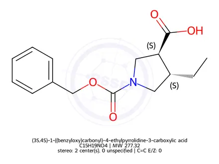 Chemical structure of (3S,4S)-1-((benzyloxy)carbonyl)-4-ethylpyrrolidine-3-carboxylic acid