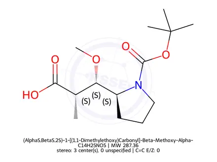 Chemical structure of (AlphaS,BetaS,2S)-1-[(1,1-Dimethylethoxy)Carbonyl]-Beta-Methoxy-Alpha-Methyl-2-Pyrrolidinepropanoic Acid