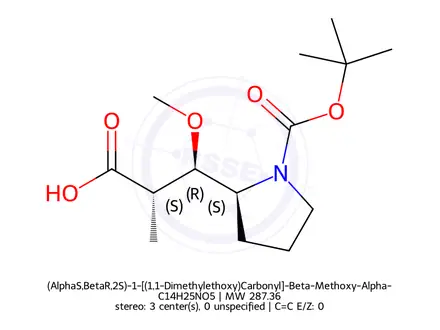 Chemical structure of (AlphaS,BetaR,2S)-1-[(1,1-Dimethylethoxy)Carbonyl]-Beta-Methoxy-Alpha-Methyl-2-Pyrrolidinepropanoic Acid