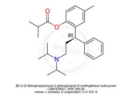 Chemical structure of (R)-2-(3-(Diisopropylamino)-1-phenylpropyl)-4-methylphenyl Isobutyrate Hydrogen Fumarate