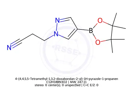 Chemical structure of 4-(4,4,5,5-Tetramethyl-1,3,2-dioxaborolan-2-yl)-1H-pyrazole-1-propanenitrile