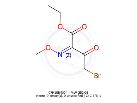 Chemical structure of (E)-ethyl 4-bromo-2-(methoxyimino)-3-oxobutanoate