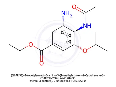 Chemical structure of (3R,4R,5S)-4-(Acetylamino)-5-amino-3-(1-methylethoxy)-1-Cyclohexene-1-carboxylic Acid Ethyl Ester