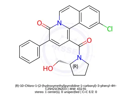 Chemical structure of (R)-10-Chloro-1-(2-(hydroxymethyl)pyrrolidine-1-carbonyl)-3-phenyl-4H-pyrido[2,1-a]isoquinolin-4-one