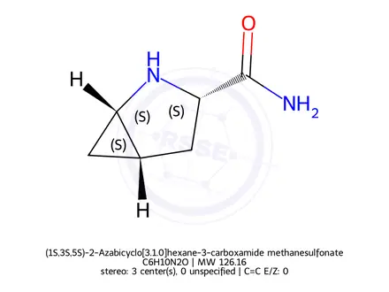 Chemical structure of (1R,3S,5R)-2-azabicyclo[3.1.0]hexaane-3-carboxamide 2,2,2-trifluroacetate