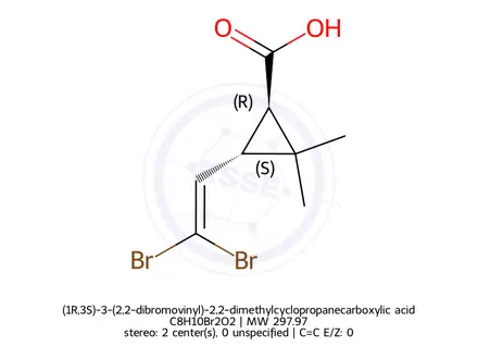 Chemical structure of (1R,3S)-3-(2,2-dibromovinyl)-2,2-dimethylcyclopropanecarboxylic acid