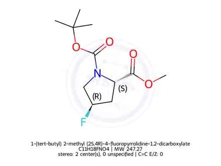 Chemical structure of 1-(tert-butyl) 2-methyl (2S,4R)-4-fluoropyrrolidine-1,2-dicarboxylate