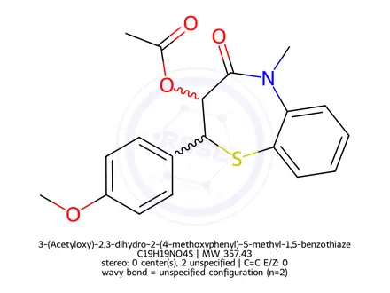 Chemical structure of 3-(Acetyloxy)-2,3-dihydro-2-(4-methoxyphenyl)-5-methyl-1,5-benzothiazepin-4(5H)-one