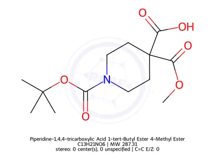 Chemical structure of 1-[(Tert-butoxy)carbonyl]-4-(methoxycarbonyl)piperidine-4-carboxylic acid